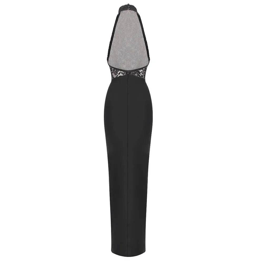 Maxi Dress with Ruching, Collar Cut, Opaque Lace Design, and Open Back - Elliana