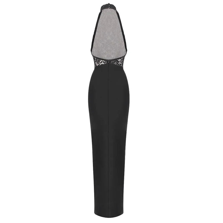 Maxi Dress with Ruching, Collar Cut, Opaque Lace Design, and Open Back - Elliana
