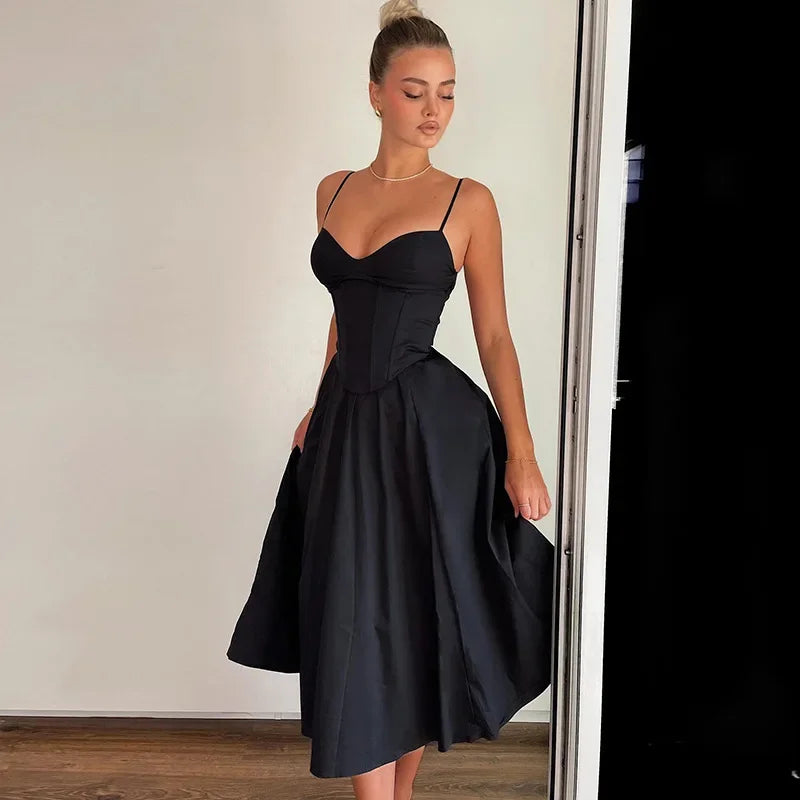 Elegant A-Line Midi Dress with Spaghetti Straps - Lunar