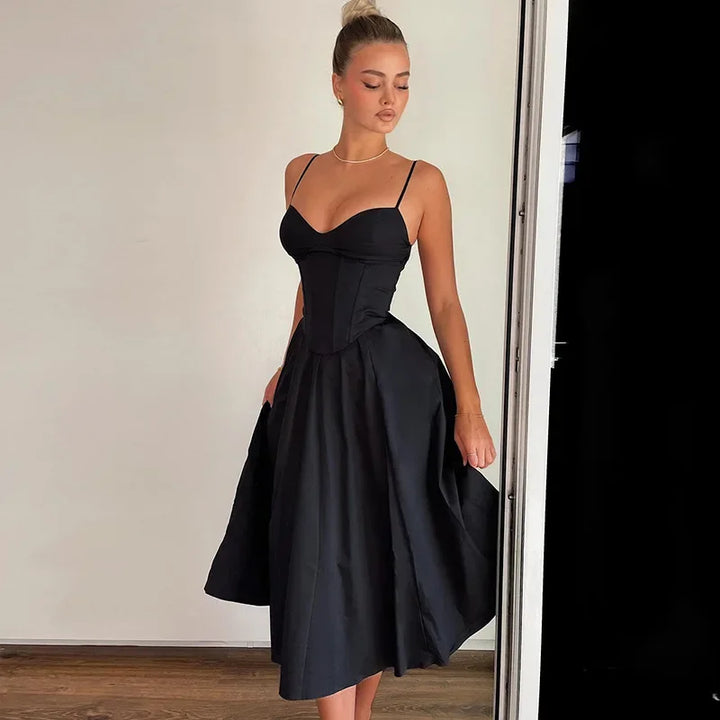 Elegant A-Line Midi Dress with Spaghetti Straps - Lunar