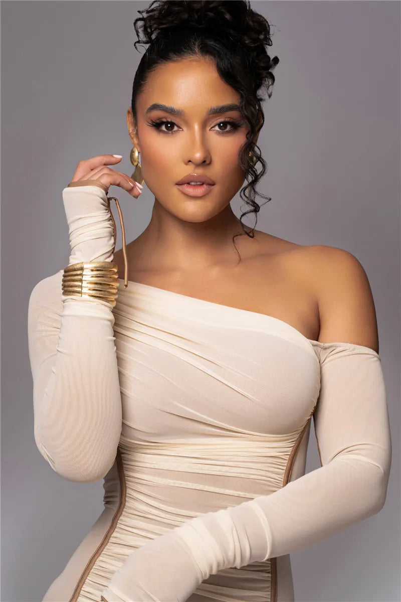 Midi ruched dress with asymmetrical neckline - LOV