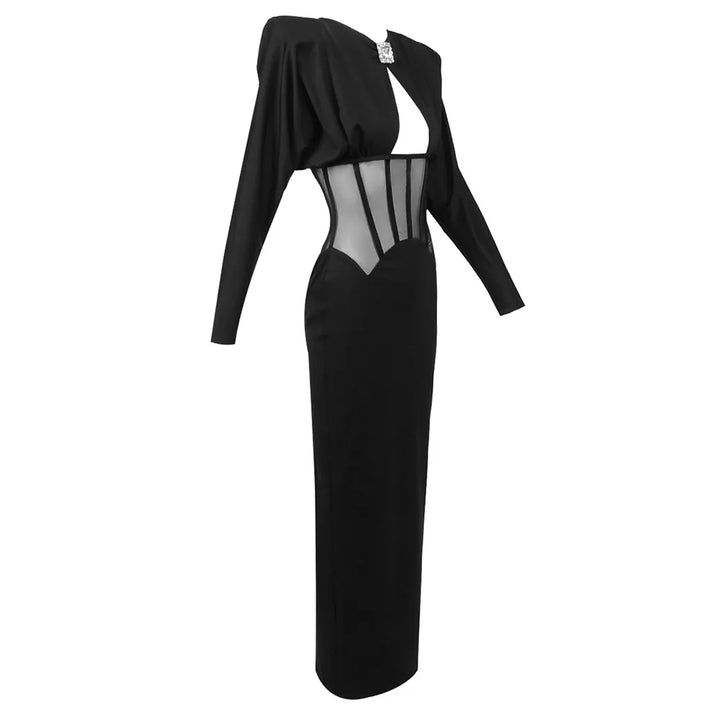 Maxi Dress with Mesh Corset Design and Diamond Buckle Decoration - AMOR