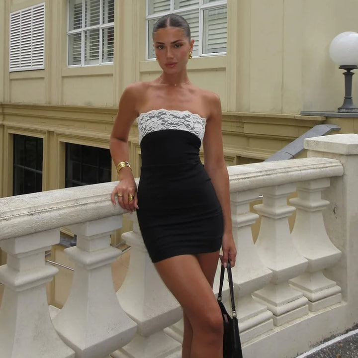 Mini strapless dress decorated with lace - Mally
