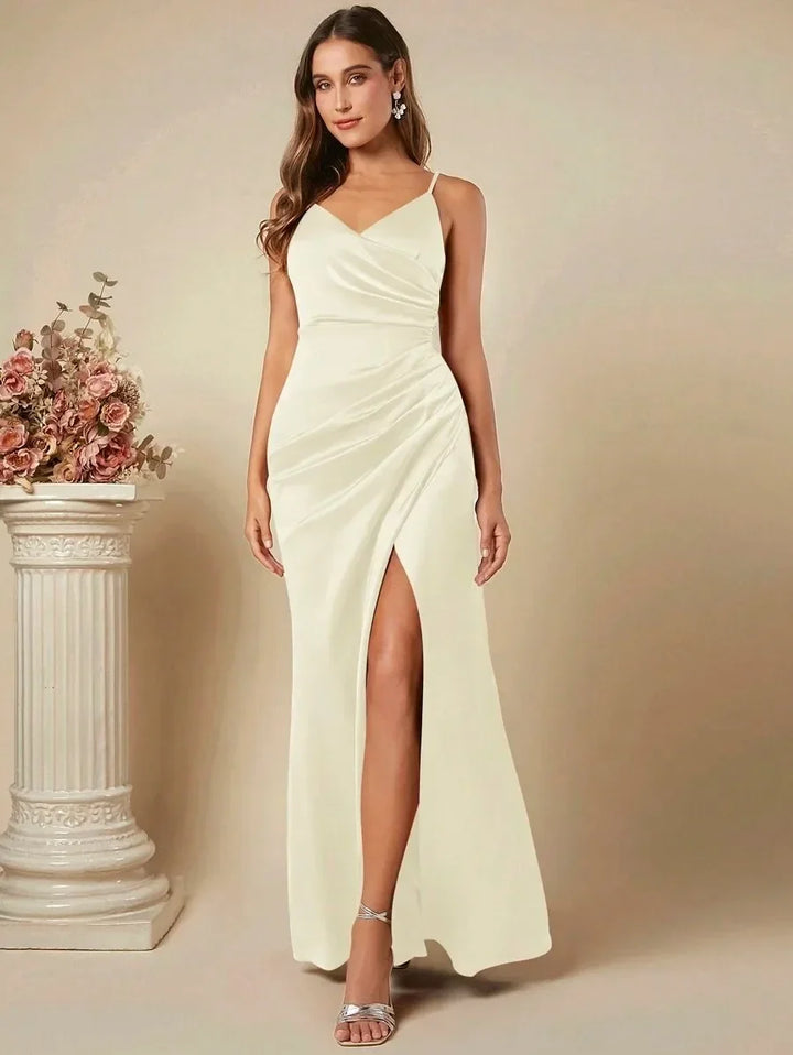 Elegant Maxi Satin Dress with Slit Detail - Reina