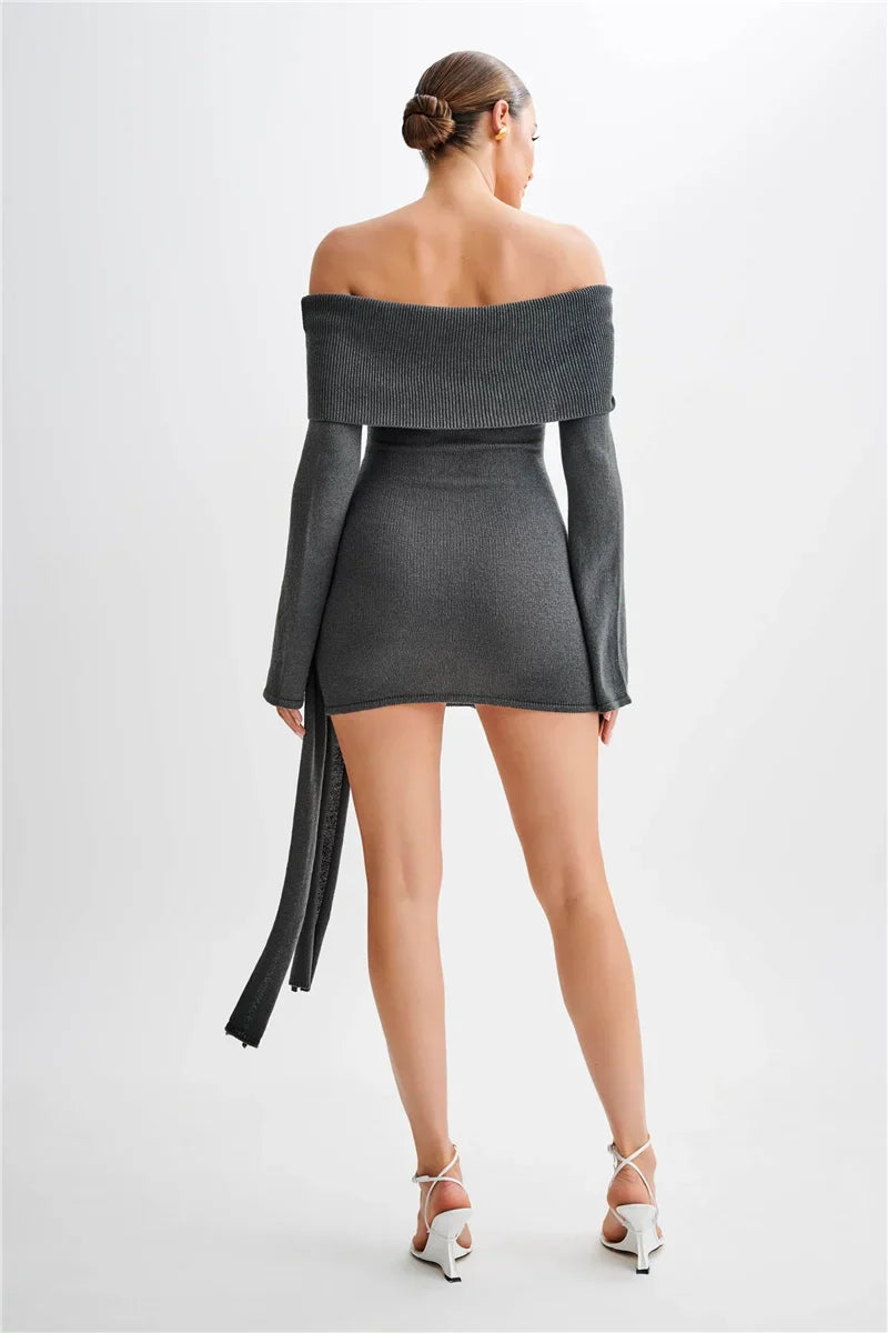 Knitted mini dress with off-shoulder tie design - Karin