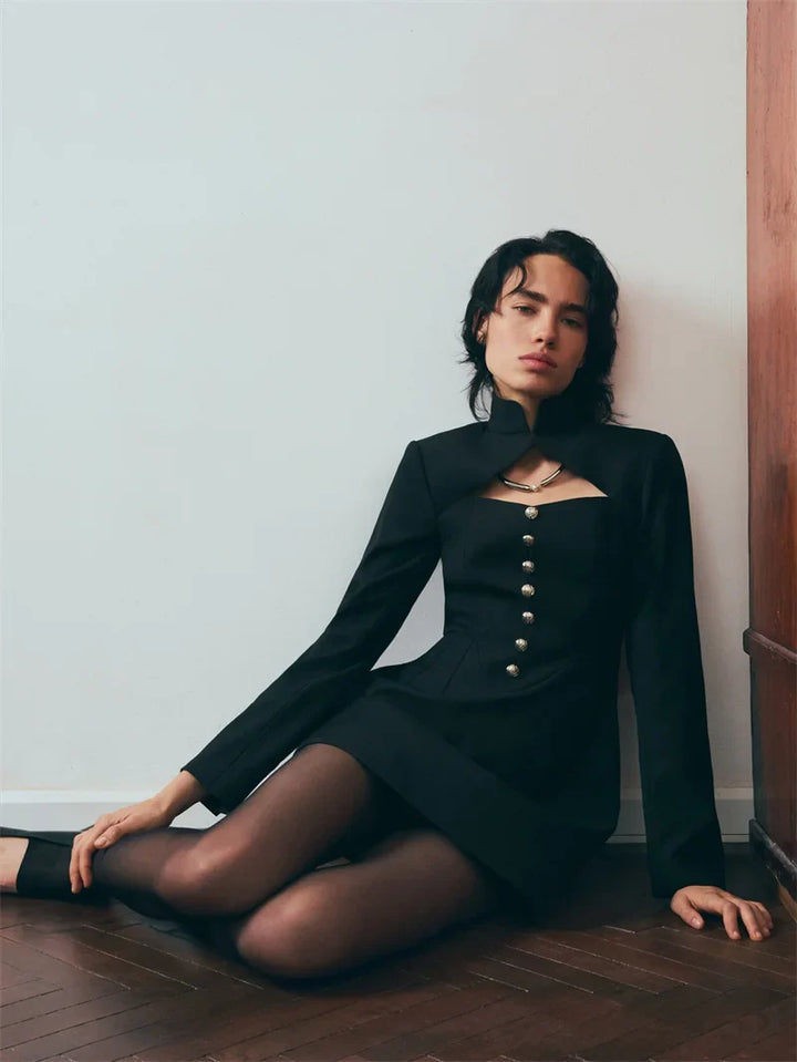 Fitted Mini Dress with Turtleneck and A-Line Cut with Button Decoration - Mary Line
