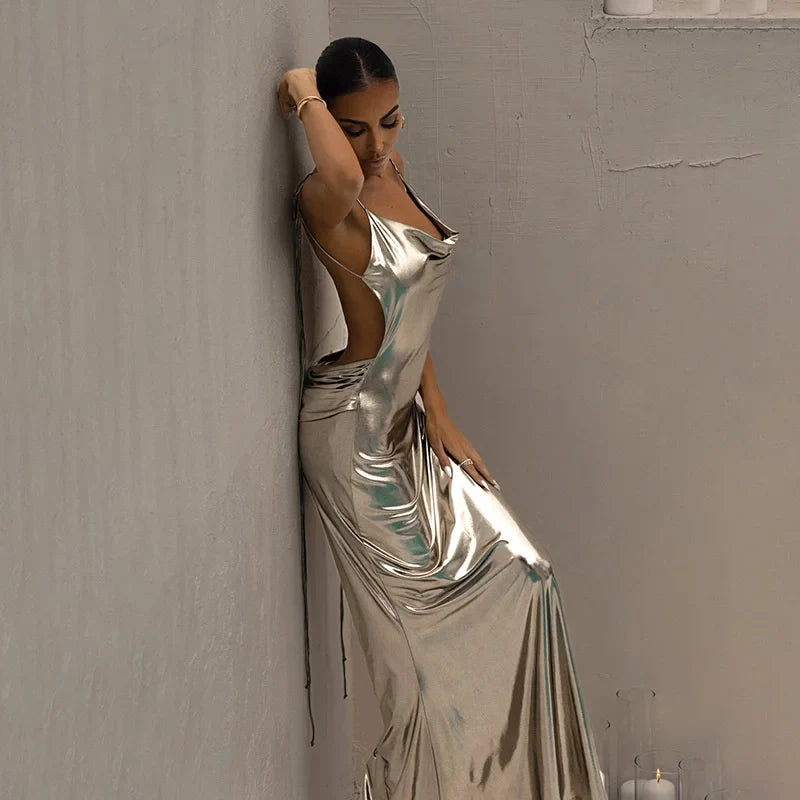 Metallic bronze maxi dress with tie shoulder straps and open back - Nancy