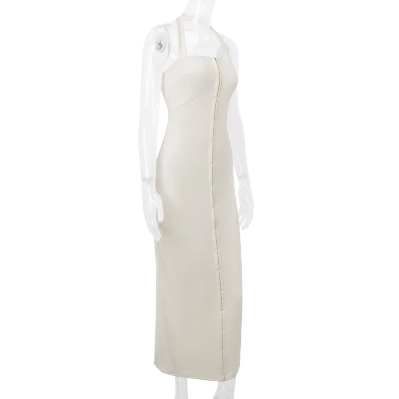 Fitted Maxi Dress with Pin Closure and Open Back - Natasha