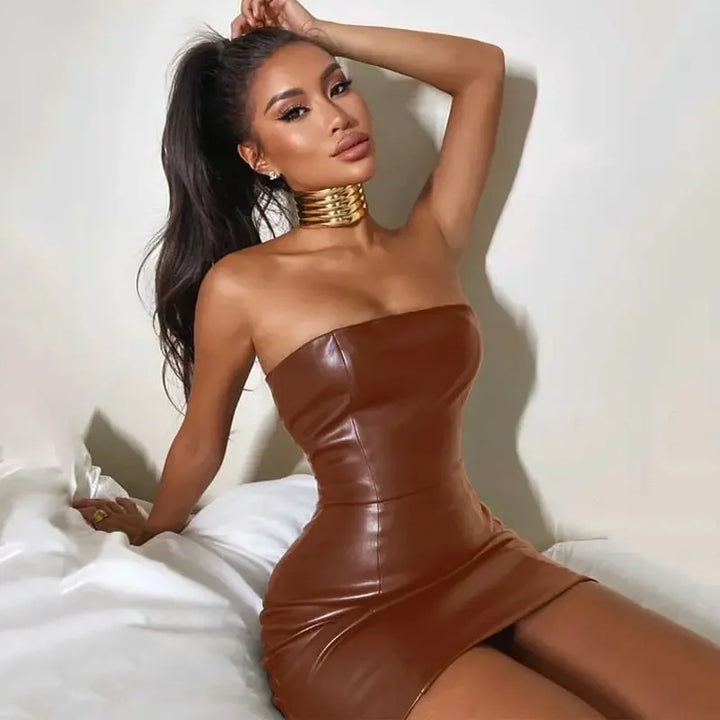 Strapless Faux Leather Mini Dress - ROXEN
