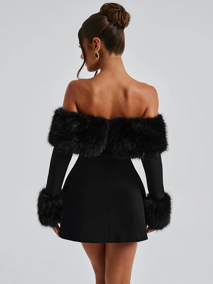 Off-shoulder A-line mini dress with feather fur detail - Ira
