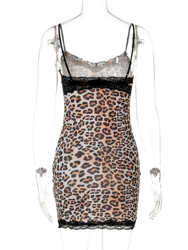 Fitted leopard print mini dress with lace decoration - Goni