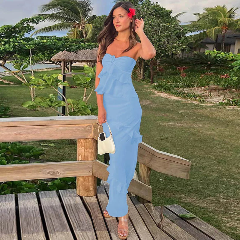 Two-Piece Set with Strapless Top and Maxi Skirt with Ruffle Detail - Sunny