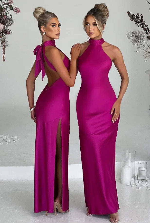 Maxi Satin Collar Dress with Slit Detail - Amari