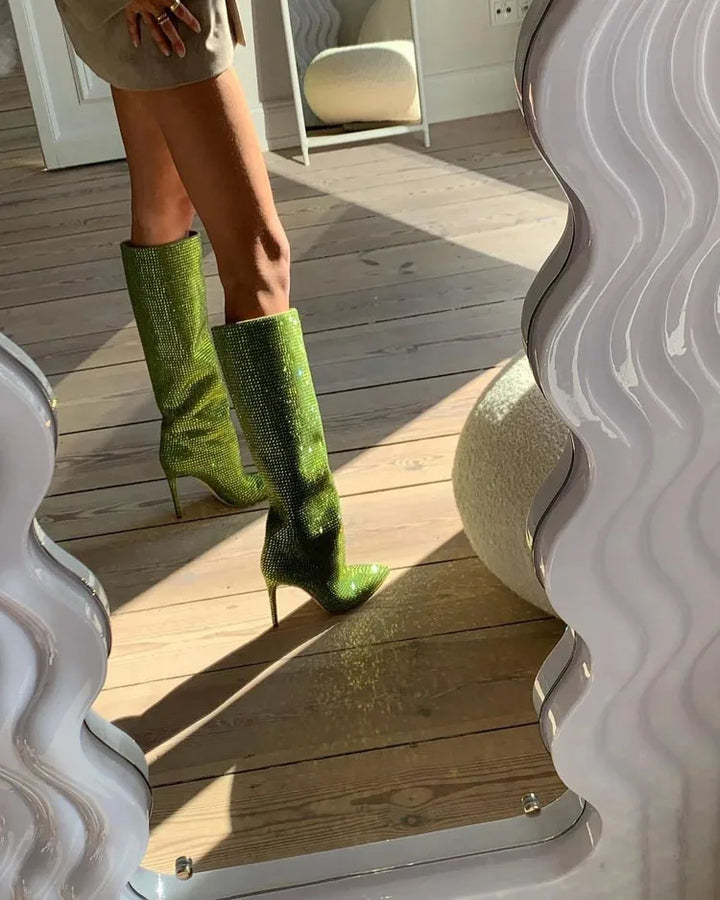 High Pointed Heel Boots with Sparkling Rhinestone Design - Josie