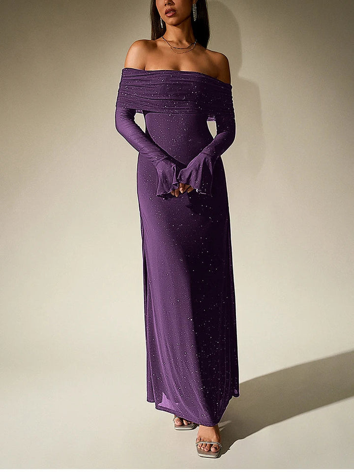 Sequin maxi dress with off-shoulder design and bell sleeves - Margarita