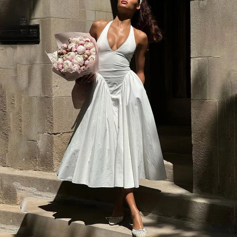 Midi A-line Dress with Neck Tie and Open Back - Makenna