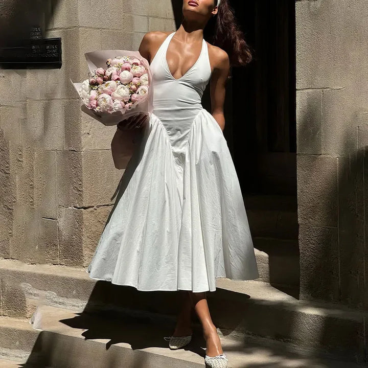 Midi A-line Dress with Neck Tie and Open Back - Makenna