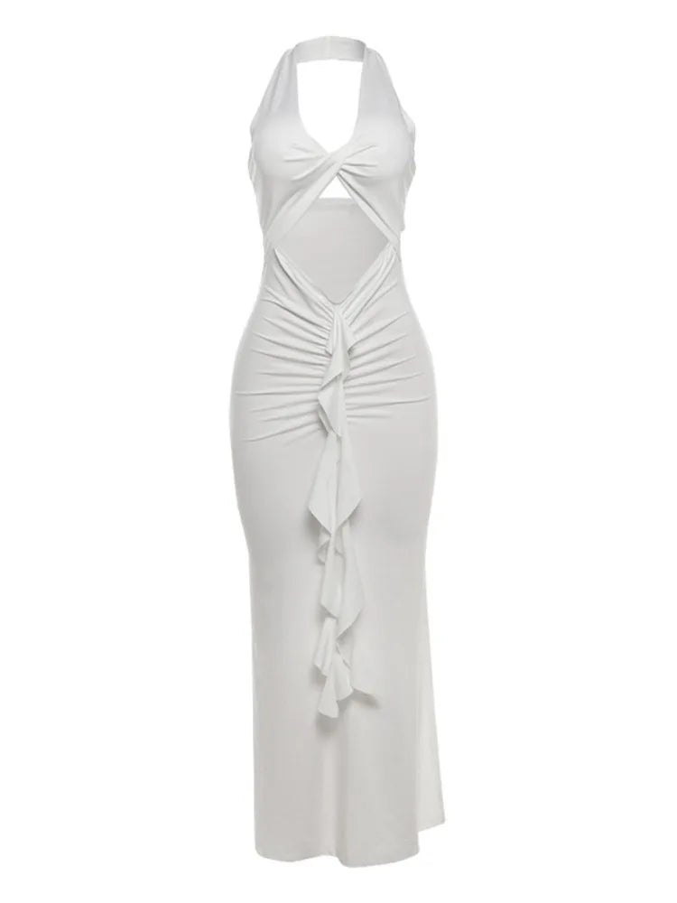 Fitted Maxi Dress with Ruffle Decoration and Slit Design - Jolene