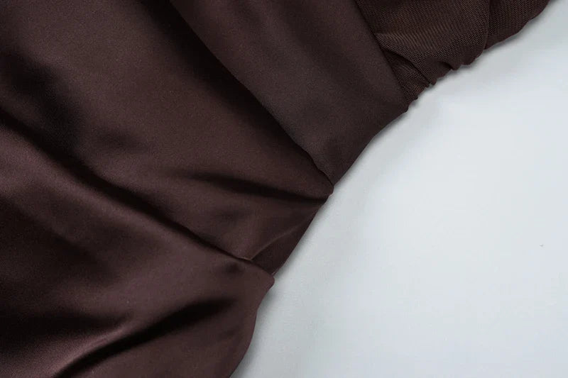 Satin Maxi Dress with Gathered Mesh Top and Open Back - Arya