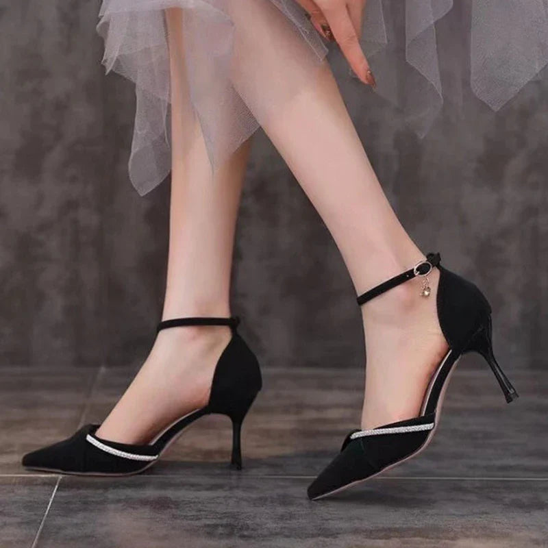 Faux Leather Pointed Heels with Rhinestone Decoration - Mila