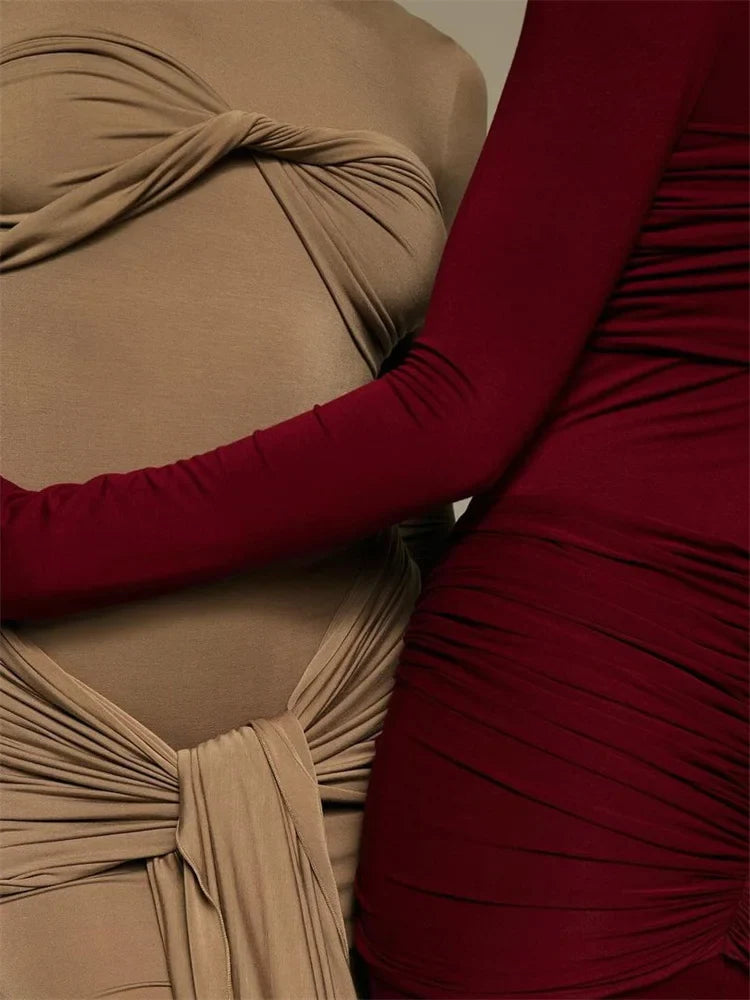 Modest Maxi Dress with Ruching and Tie Detail - Nahev