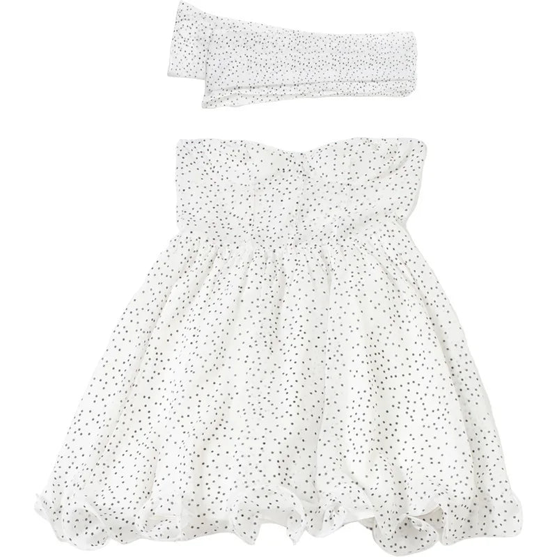 Mini Strapless Ruffle Dress with Corset Design, Polka Dot Detail and Matching Scarf - Milia