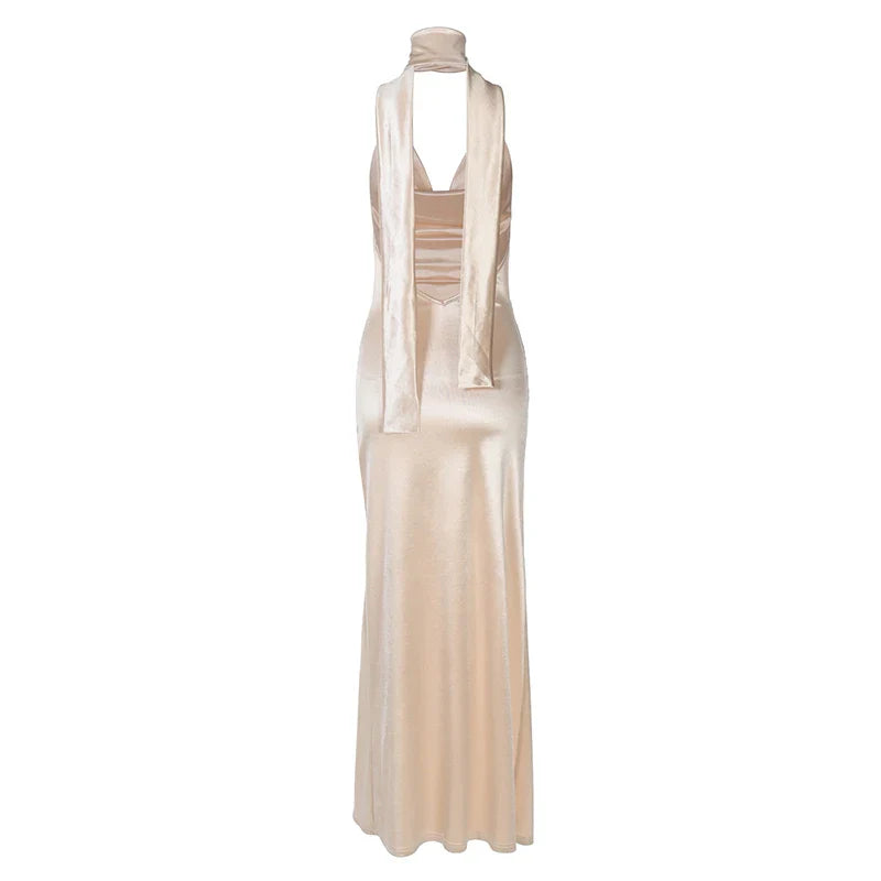 Open Back Satin Maxi Dress with Slit and Matching Scarf Decoration - Felicia