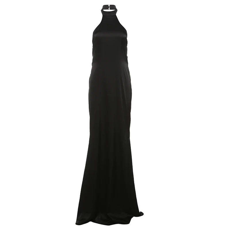 Maxi Satin Dress with Collar and Open Back - Aliya