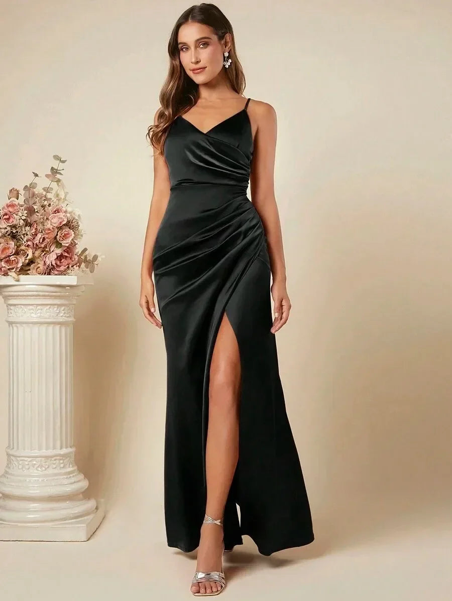 Elegant Maxi Satin Dress with Slit Detail - Reina