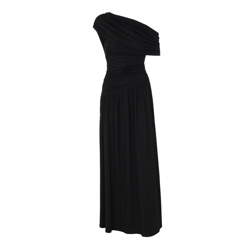 Elegant maxi pleated dress with one shoulder exposed - Maylin
