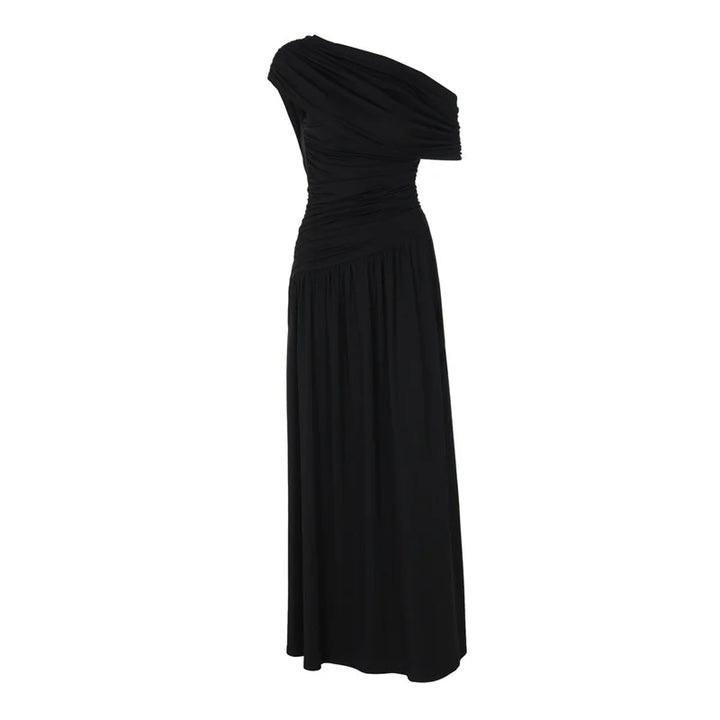Elegant maxi pleated dress with one shoulder exposed - Maylin