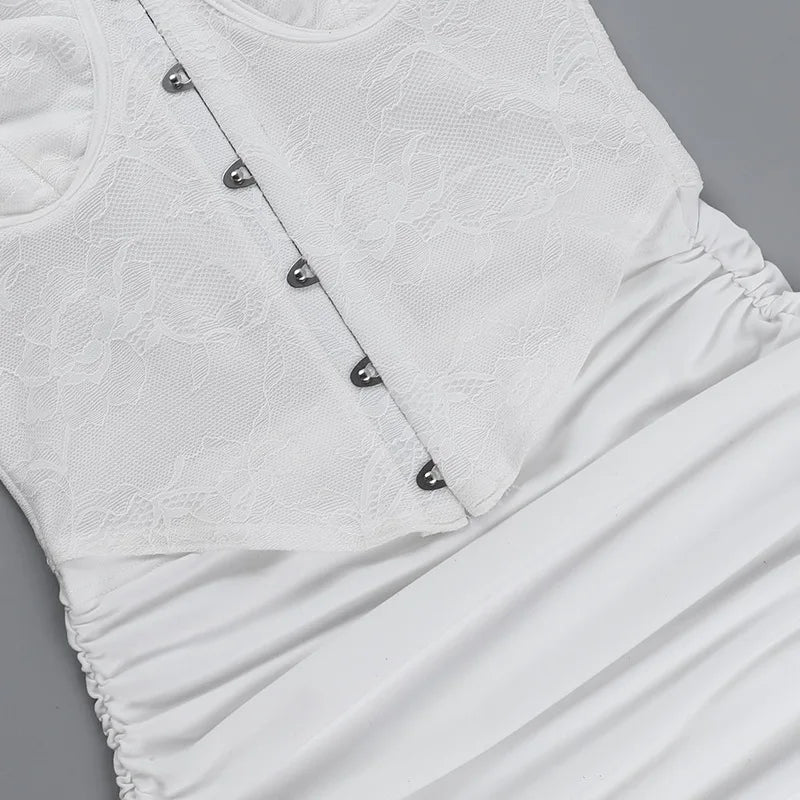 Mini Ruched Fitted Dress with Lace Corset Design, Pin Closure, Open Back - Emily