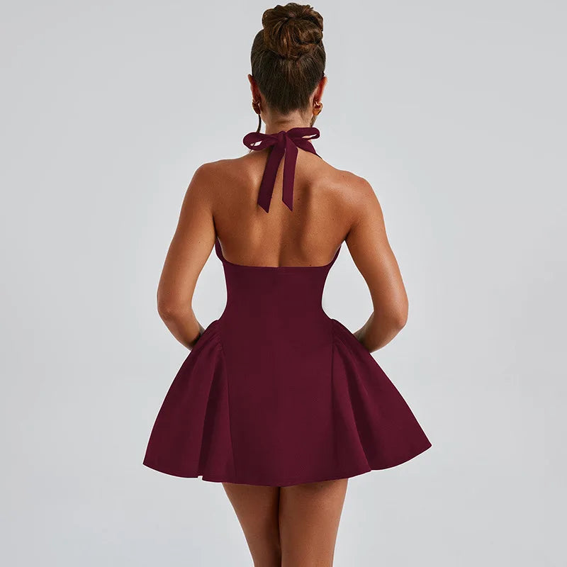 Mini A-line dress with V-neck and neck tie - Yolanda