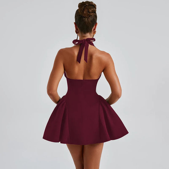 Mini A-line dress with V-neck and neck tie - Yolanda