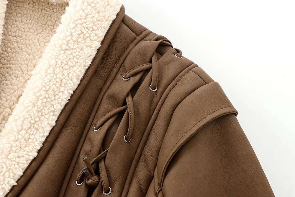 Leather coat with inner fur and belt tie design - Moran