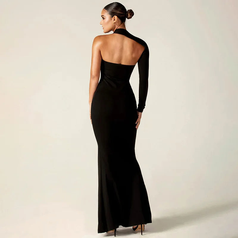 Asymmetric maxi evening dress with deep slit and one sleeve - Eva
