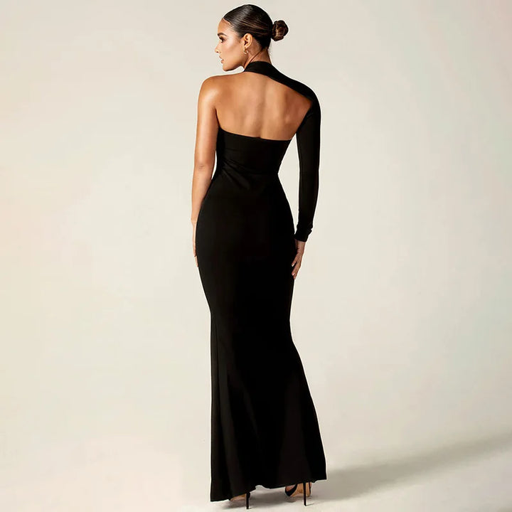 Asymmetric maxi evening dress with deep slit and one sleeve - Eva