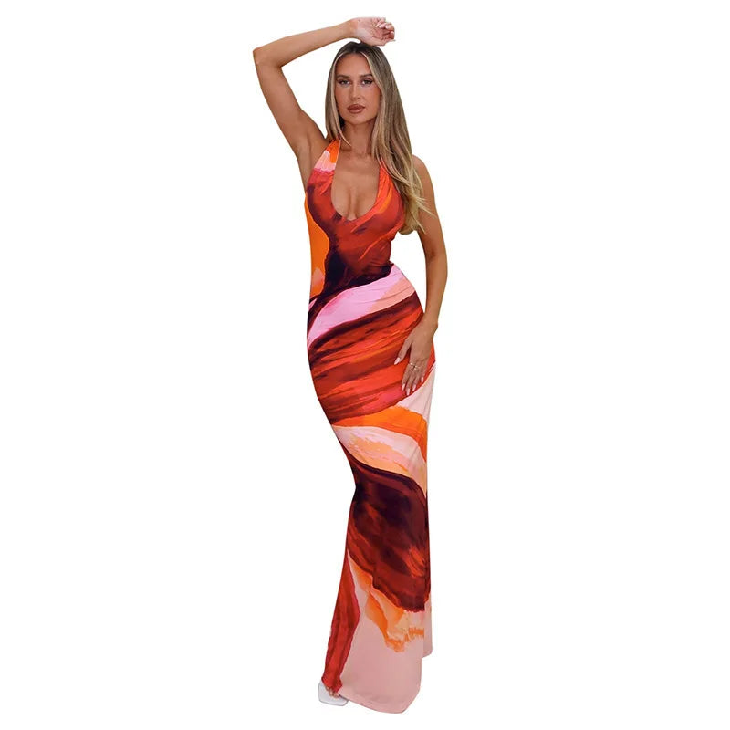 Maxi Dress with Colorful Print, Neck Tie, and Open Back - Chulia