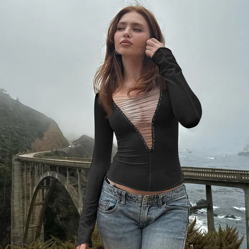 Long Sleeve Shirt with Thread Decoration - Edith