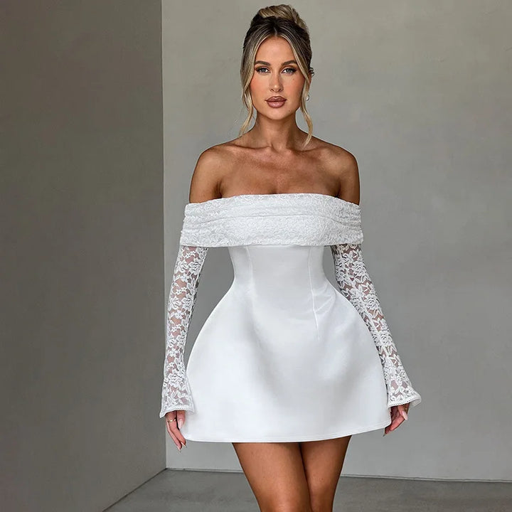Satin mini dress with off-shoulder and lace sleeves - AMALIA
