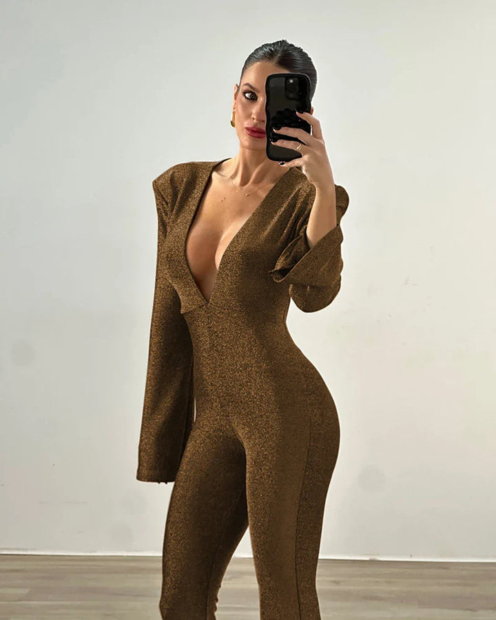 Fitted sequin jumpsuit in shaping fabric with pedal pushers and V neckline - GOA