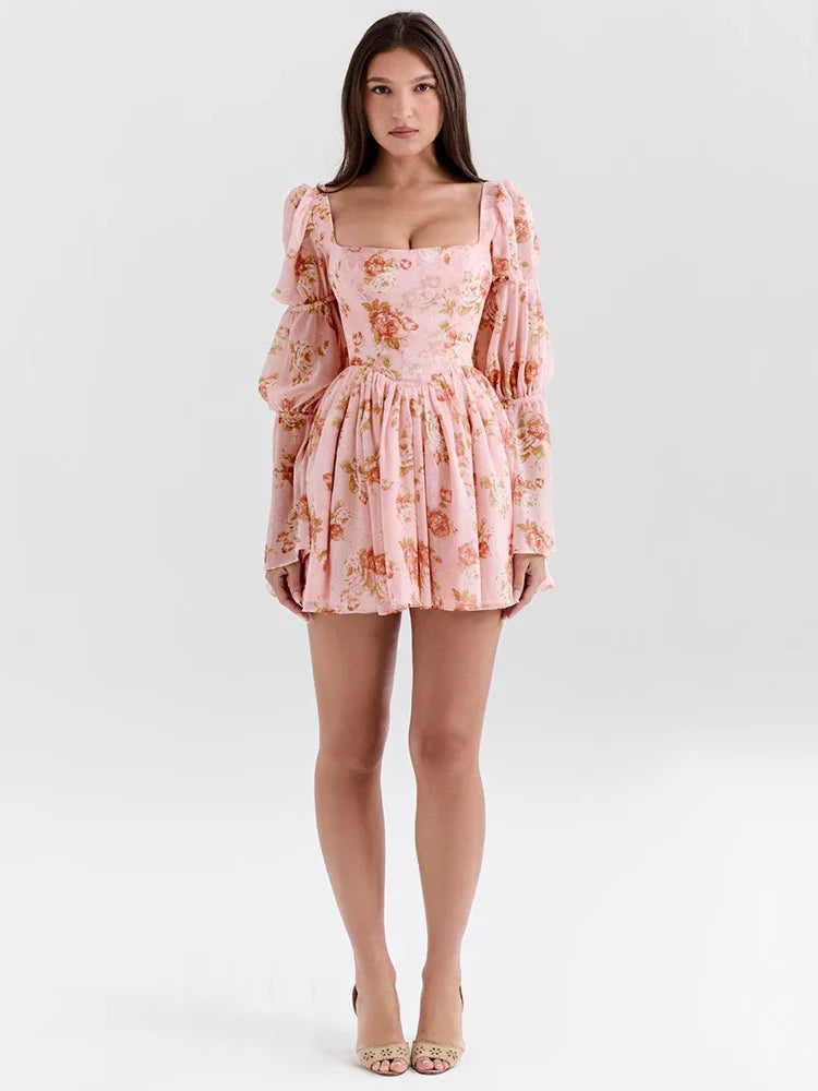 Floral Chiffon Mini Dress with A-Line Cut and Bell Sleeves - Florencia