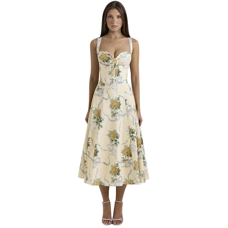 Elegant floral print midi A-line dress - Florine