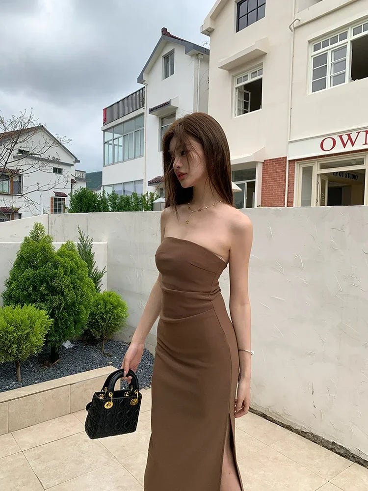 Elegant Strapless Midi Dress with Slit Decoration - Coral