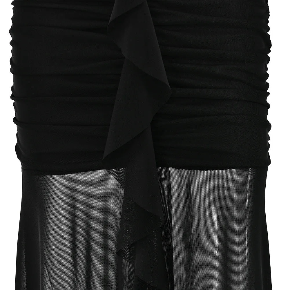 Maxi Chiffon Dress with Ruching Detail and Neck Tie Ruffle - Shelly