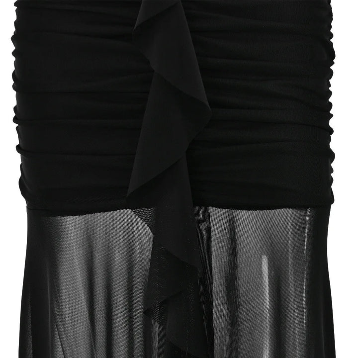 Maxi Chiffon Dress with Ruching Detail and Neck Tie Ruffle - Shelly