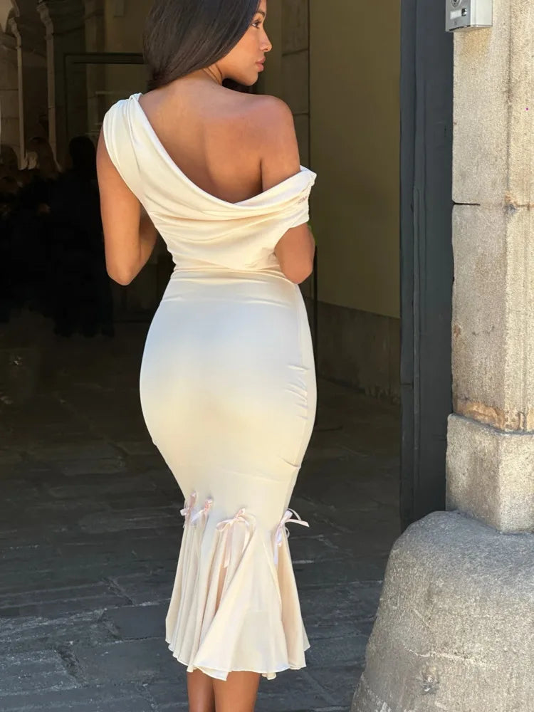 Mermaid Cut Midi Dress with Bow Decorations and Off-Shoulder Straps - Maren