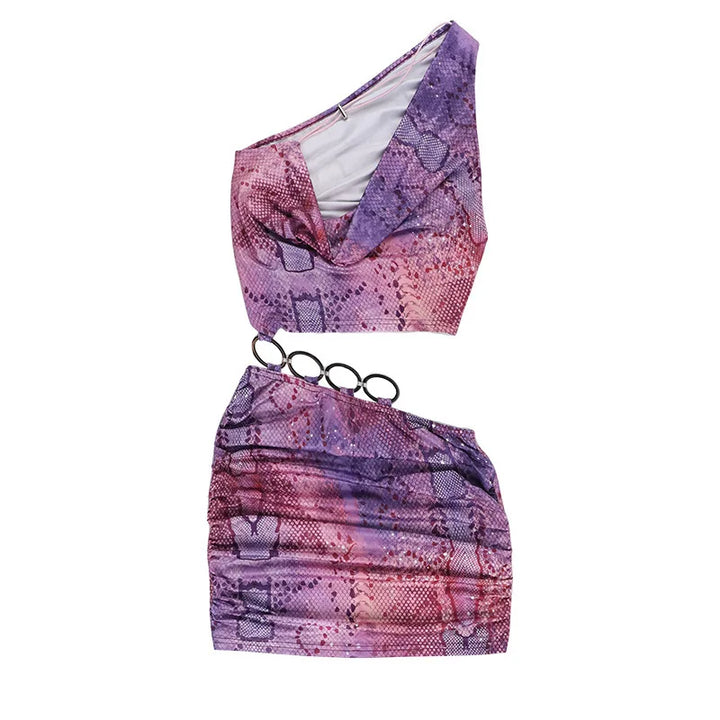 Mini dress with split design and special print with hoop buckle details - Kami