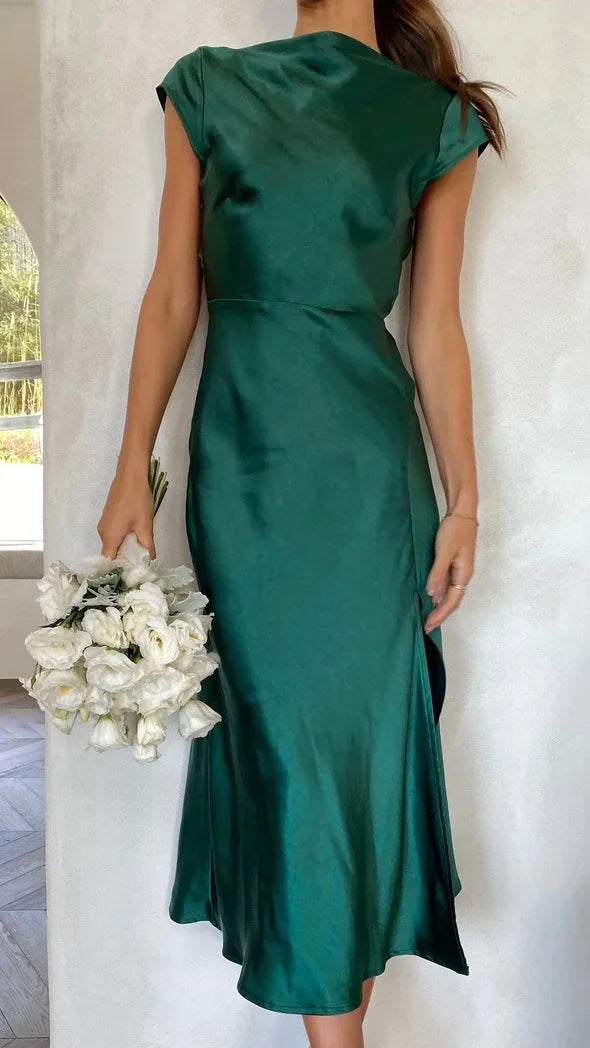 Midi satin dress with slit and open back design - Shray