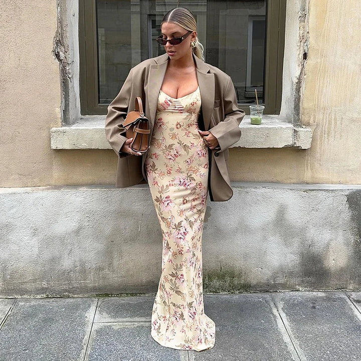 Fitted floral maxi dress with open back - Felicia